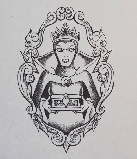 @tattoos_by_vic on Instagram: “Evil Queen #originalartwork #customtattoo #tattoo #tattoodesign #disney #disneyvillainstattoo #disneyvillains #snowwhite #evilqueen #frame” Snow White Evil Queen Tattoo, Evil Queen Drawing, Evil Queen Tattoo, Snow White Tattoos, Evil Queen Snow White, Dark Disney Tattoo, Queen Drawing, Snow White Evil Queen, Evil Queens