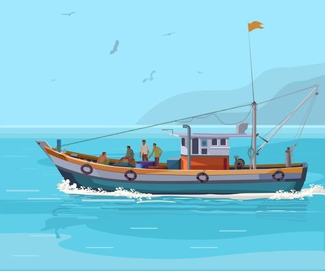 Vector colorful fishing boat on the ocea... | Premium Vector #Freepik #vector #fish-boat #fishing-boat #sea-ship #ship Fishing Boat Art, Tugboat Illustration, Fishing Boat Illustration, Fishing Boat Drawing, Boat Reference, Boat On The Ocean, Deep Sea Fishing Boats, Ocean Fishing Boats, Boat Cartoon