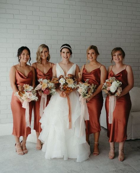 Tegan O'Brien : Floral Design on Instagram: “Hannah and her beautiful bride tribe wearing what has to be one of my favourite colours, rust. Yuuuum!⁠ ⁠ Captured by @tonesandharmony⁠…” Bridesmaid Dresses Tea Length, Dresses Tea Length, Burnt Orange Bridesmaid Dresses, Spaghetti Strap Bridesmaids Dresses, Tea Length Bridesmaid Dresses, Orange Bridesmaid, Bridesmaid Dresses Satin, Orange Bridesmaid Dresses, Elephant Wedding