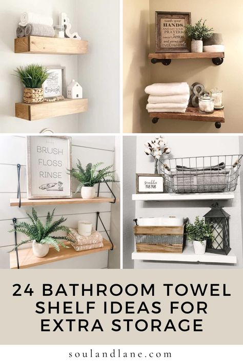 Reinvent your bathroom storage with creative towel shelf ideas that blend practicality with aesthetic appeal. A thoughtfully chosen towel shelf not only keeps your linens within reach but also contributes to your bathroom's overall design. From industrial-inspired metal racks that make a statement to wooden cubbies that exude warmth, this guide covers a spectrum of styles suitable for every taste and bathroom size. Wooden Bathroom Shelf Ideas, Styling A Bathroom Shelf, How To Decorate Bathroom Shelves, Bathroom Shelf Diy, Towel Rack Decorating Ideas, Bathroom Shelf Styling, Shelf Decor Bathroom, Bathroom Shelf Ideas, Shiplap Bathroom Wall