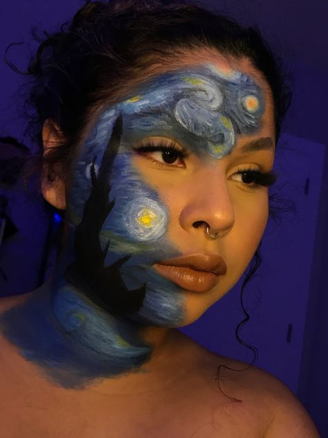 Honestly my fav look at the moment 😍 it took so long but I’m so happy with the result #makeup #starrynight #makeupartist #artisticmakeup #maquillaje #mua Stary Night Makeup Look, Starry Night Makeup Look, Preshower Makeup, Starry Night Makeup, Face Painting Designs Creative, Paint Makeup, Face Paint Makeup, Cute Couple Halloween Costumes, Inspiration Painting