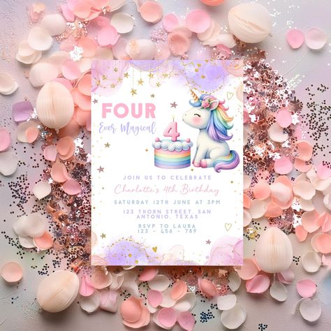 Unicorn Editable 4th Birthday Invitation, 4th Birthday Invite, Four Ever Magical Invite, Unicorn Party, Girl Pastel Unicorn Rainbow Invite 4th Birthday Invitation, Rainbow Party Invitations, Unicorn Party Invites, Rainbow Invitations, Unicorn Birthday Invitations, Tea Party Garden, Party Girl, Unicorn Rainbow, 4th Birthday Parties