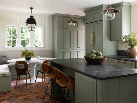 Benjamin Moore Oil Cloth Sage Green Kitchen, Green Kitchen Cabinets, Seattle Homes, Beautiful Kitchen Designs, Green Cabinets, Green Kitchen, English Cottage, Traditional Kitchen, Painting Cabinets