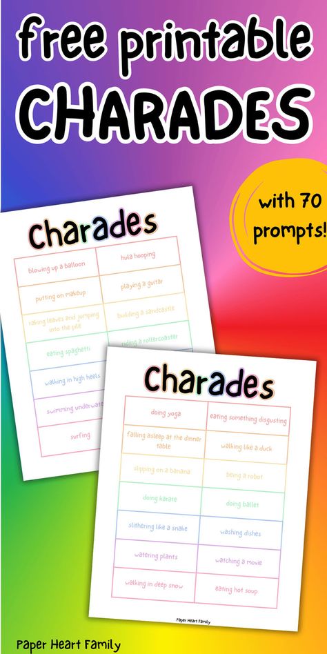 These Charades ideas are such fun actions! This free printable Charades game is perfect for families, teens and kids of all ages! With 70 prompts that actually make sense! Charades Ideas, Charades For Kids, Charades Game, Sensory Activities Toddlers, Rainy Day Fun, Free Printable Games, Activities For Girls, Activities For Boys, Printables Free Kids