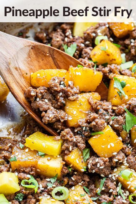 No need to order takeout when you can make this quick and easy Pineapple Beef Stir Fry! Ground beef is cooked in a sweet and spicy chili garlic sauce and tossed with juicy chunks of pineapple. Serve over rice or noodles and enjoy this tasty one pan weeknight dinner! #beefrecipes #groundbeef #beefstirfry #stirfry #pineapple #easymeals #heathydinner Ground Pork And Pineapple Recipes, Pineapple Ground Beef, Ground Beef Pineapple Recipes, Ground Beef And Pineapple Recipes, Pineapple Beef Stir Fry, Beef And Pineapple Recipes, Meals To Make With Ground Beef, Beef Pineapple, Mango Beef