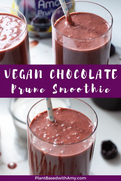 Vegan Chocolate Prune Smoothie Prune Smoothie, Digestion Smoothie, Drinks For Constipation, Prune Recipes, Prune Juice, Easy Breakfast Smoothies, Smoothie Breakfast, Vegan Smoothie Recipes, Frozen Cherries