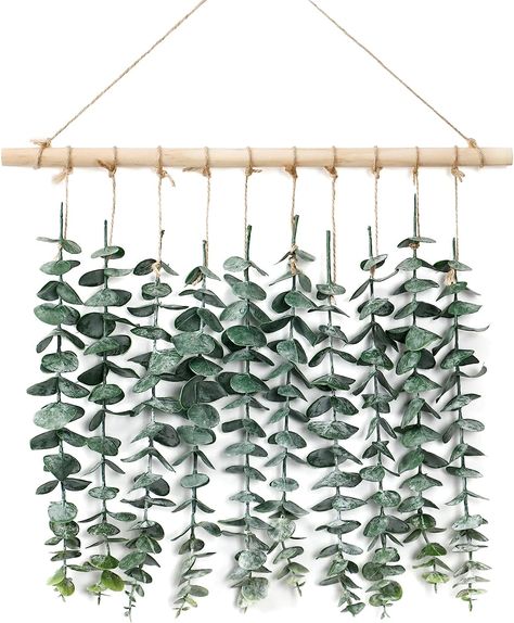 Material & Size : The hanging realistic artificial eucalyptus leaves are made of high quality plastic, never wither and always keep green. Wood Stick, Sisal rope. Size is 12.2 inch x15.7 inch / 31cmx40cm. (Not including the length of hanging rope) Handmade Craft : This vines plant is designed and imitated according to the real shape. Each plant is carefully selected and processed, and then hand-assembled on wooden sticks by our workers. Country Farmhouse Decor Living Room, Eucalyptus Wall Hanging, Boho Chic Home, Living Room Apartment, Artificial Plant Wall, Hanging Plant Wall, Artificial Eucalyptus, Wedding Wall Decorations, Vine Wall