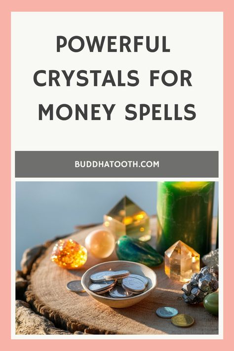 Crystals and coins on a wooden surface with a green candle in the background, promoting money spells. Spells For Wealth, Crystals For Money, Money And Wealth, Powerful Crystals, Power Of Crystals, Wealth Abundance, Manifesting Wealth, Wealth And Abundance, Attract Abundance