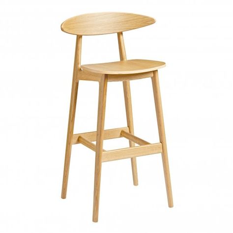 The Telago is a simplistic yet contemporary scandi style barstool crafted from natural oak - Inspired by iconic designs from Denmark. Perfect for a plethora of settings from restaurants and bistros to cafes and bars.  So why not bring a sense of design mastery to your venue with this practical yet stylish piece. The angular frame and sleek, curved seat and back rest makes for an eye-catching open design and can be upholstered in an array of materials or stained to perfectly match your setti Kitchen Breakfast Bar Stools, Oak Bar Stools, Kursi Bar, Breakfast Bar Stools, Indoor Bar, Contemporary Bar Stools, Wooden Bar Stools, Stools With Backs, Oak Color