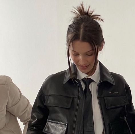 Bella Hadid, Off Duty, A Woman, Wall, Leather, Hair, White, Black