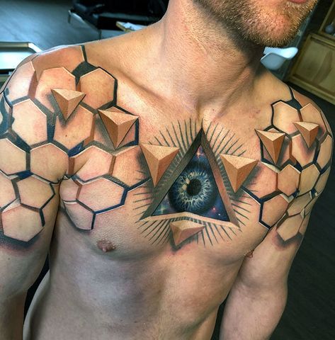 Most Amazing 3D Tattoos Which Will Make You Look Twice Tato 3d, Geometric Chest, Tatoo 3d, Amazing 3d Tattoos, 12 Tattoos, Optical Illusion Tattoo, Embroidery Tattoo, Beautiful Flower Tattoos, Gorgeous Tattoos