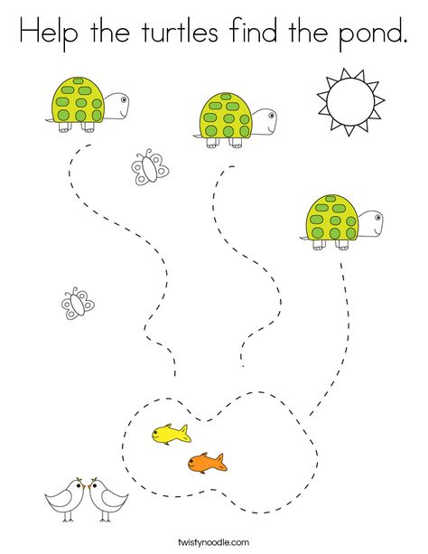 Help the turtles find the pond Coloring Page - Twisty Noodle Montessori Turtle Activities, Turtle Lesson Plans Preschool, Turtle Worksheets Preschool, Pond Crafts For Preschoolers, Pond Worksheets Preschool, Preschool Turtle Activities, Preschool Pond Activities, Pond Animals Preschool Crafts, Pond Life Preschool Crafts