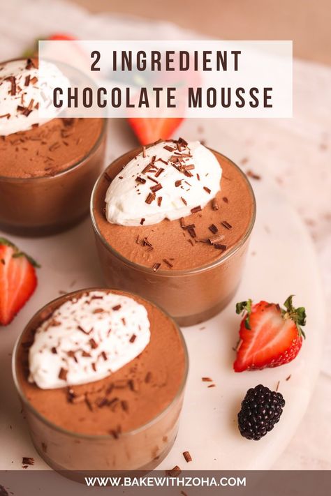 Craving something sweet and easy? This eggless chocolate mousse requires only 2 ingredients and 10 minutes to make! Perfect for Christmas or dinner parties, this mousse is creamy and light, ideal for serving in mini dessert cups. A delicious choice for any dessert table, this mousse is a must-try for fans of quick and simple recipes. Head over to bakewithzoha.com for the full recipe. Choclate Mousse, Paleo Chocolate Mousse, 3 Ingredient Chocolate Mousse, Whole30 Dessert, Chocolate Mousse Cups, Mousse Cups, Mini Dessert Cups, Holiday Desserts Table, Chocolate Mousse Recipe