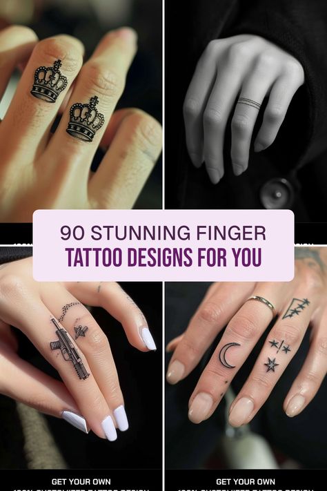 Searching for finger tattoo ideas? Discover our amazing collection of 90+ tiny designs! From elegant crown tattoos to trendy minimalist lines, and even unique small gun designs, there's something here for everyone. Perfect for those new to ink or striking a statement, finger tattoos are endless fun and creativity! Explore creative placements and what each design signifies, adding a personal touch. Dive into these fabulous finger tattoo concepts that showcase your personality and style today! Tattoo Designs For Fingers Women, Womens Finger Tattoos Simple, Womens Finger Tattoos, Finger Tattoo Stencil, Cute Finger Tattoos For Women, Finger Tattoos For Women, Finger Tattoo Ideas, Tiny Designs, Crown Tattoos