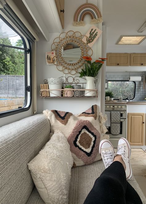 Neutral Caravan Interior, Caravan Ideas Interior, Cute Caravan Interior, Caravan Kitchen Ideas, Caravan Decorating Ideas, Touring Caravan Makeover, Campervan Boho Interior, Boho Caravan Interior, Vintage Caravan Interiors Boho