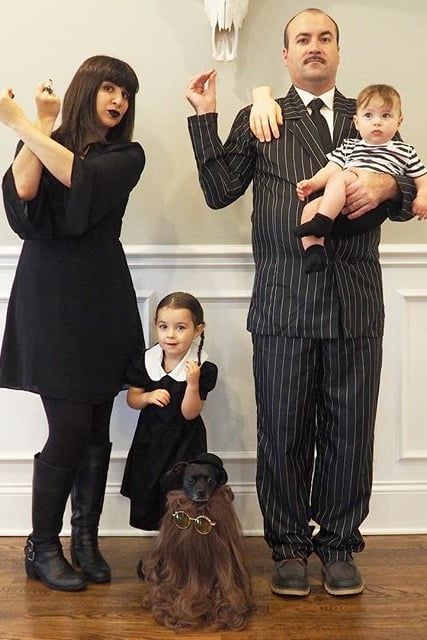 Considering a Family Halloween Costume? I Do Them Every Year, and This Is What You Need to Know Adams Family Costume With Dog, Debbie Addams Family Halloween Costumes, Adams Family Dog Costume, Addams Family Dog Costume, The Addams Family Costumes, Family Dog Costumes, Costumes For A Group, Halloween Costumes Adams Family, Lurch Addams Family Costume