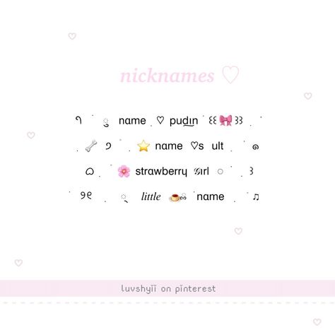 click on visit to get them. give credits if you use them. <3 Nick Names Aesthetic, Nick Name Ideas, Nicks Names Aesthetic, Symbols Visit, Nicknames Aesthetic, Symbol Ideas, Symbol Name, Aesthetic Symbols, Nick Names