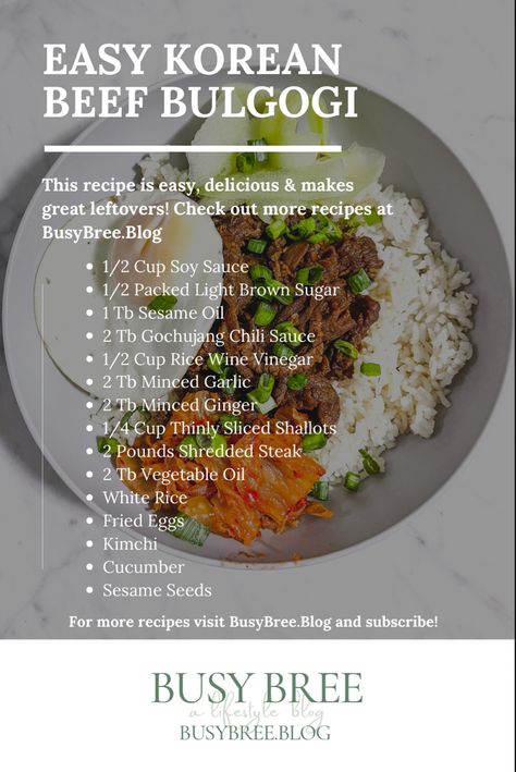 Korean beef bulgogi recipe, steak recipes Korean Barbecue Recipes, Steak Bulgogi Recipe, Best Korean Food Recipes, Bulgogi Bowl Recipe, Korean Bulgogi Recipe, Easy Beef Bulgogi, Bulgogi Pork, Korean Beef Bulgogi Recipe, Bulgogi Bibimbap