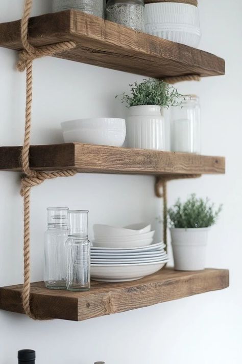 "Transform your walls with the rustic elegance of DIY Rope Shelves! 🛠️🪢 Ideal for adding a touch of handcrafted style to any room. 🌿✨ #DIYDecor #RopeCrafts #ShelvingIdeas" Rustic Hanging Shelves, Diy Rustic Floating Shelves, Rope Shelf, Diy Wood Shelves, Rope Shelves, Small Space Solutions, Rope Crafts, Hanging Shelves, Diy Creative