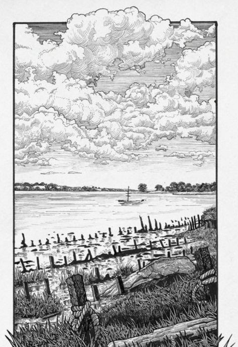 Marker Pen Illustration, Manga Clouds, Clouds Art Drawing, Philip Harris, Sky Sketch, River Illustration, Ink Pen Art, Pen Illustration, Pen Art Drawings