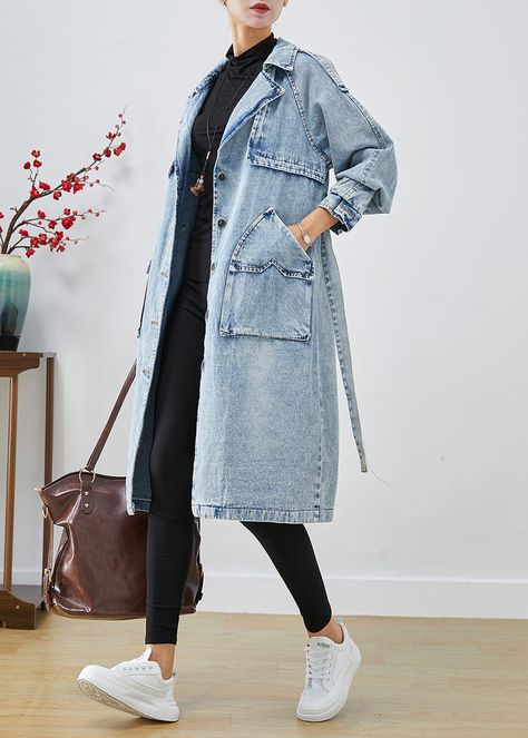 Women Light Blue Lapel Patchwork Denim Trench Coats Fall – Omychic Long Denim Jacket Outfit, Prague Outfits, Denim Trench Coat Outfit, Denim Jacket Outfit Winter, Trench Coat Outfit Winter, Trench Outfit, Winter Jacket Outfits, Trench Coat Fall, Long Denim Jacket