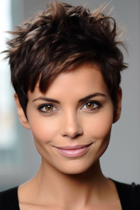 If you want the fierce brunette look, the short spiky dark brown cut will rock perfectly. The spiky hair texture brings out a trendy, young feel in the dark brown shade of hair. Click here to check out more trending dark brown hair color ideas right now. Brown Haircuts Short, Short Pixie Haircuts Brunette, Brunette Hair Color Short, Short Hair Colors Ideas, Short Haircut Brunette, Super Short Pixie Haircuts, Spiky Pixie Haircut, Short Spiky Hair, Dark Pixie Cut