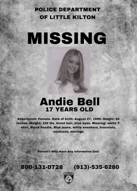 (My Pin) Andie Bell Missing Poster, Andie Bell, Agggtm Aesthetic, Missing Poster, Agggtm Series, Andy Bell, Bookmark Collection, Holly Jackson, Case File