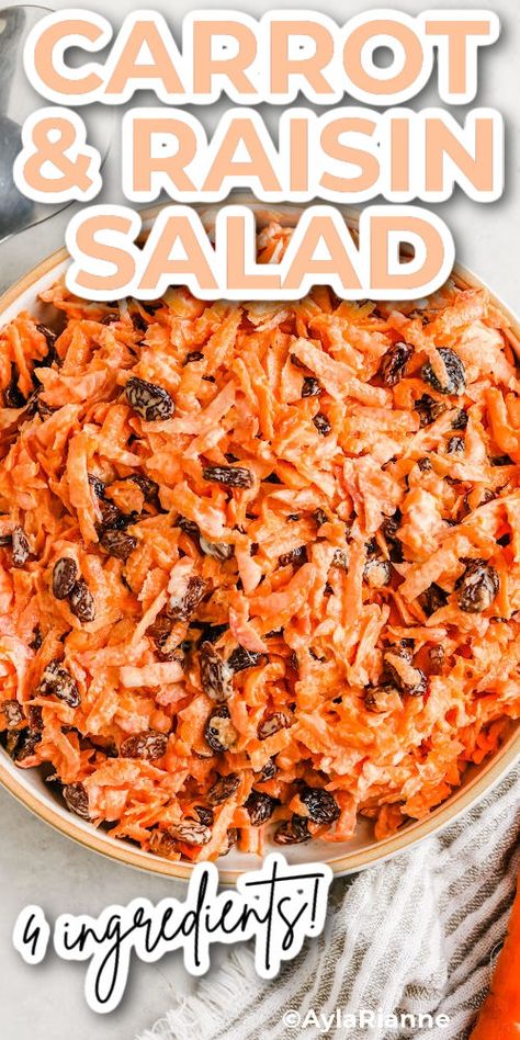 Crunchy Carrot and Raisin Salad – a sweet and savory blend in creamy dressing. Easy, healthy, and delicious. With only 4 ingredients including grated or shredded carrots, raisins, mayo, and sugar it can easily be whipped up anytime. A perfect simple side dish or snack. To make it vegan just swap the mayo for vegan mayo! #CarrotSalad #HealthyEating #SimpleRecipe via @aylarianne Carrot And Raisin Salad, Raisin Salad, Carrot Raisin Salad, Picnic Side Dishes, Southern Side Dishes, Carrot Salad Recipes, Asian Salad, Carrot Salad, Carrot Recipes