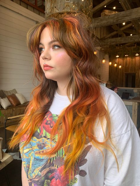 Orange Balayage On Black Hair, Orange Blonde Brown Hair, Orange Tint Hair, Neon Orange Highlights, Balayage Orange Hair, Lived In Vivid Hair, Neon Balayage, Brown Hair With Vivid Color, Sunset Peekaboo Hair