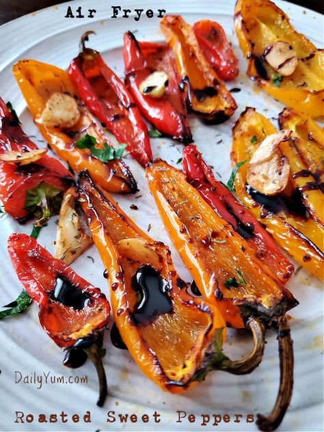 Air Fryer Roasted Sweet Peppers - Daily Yum Peppers Air Fryer, Roasted Sweet Peppers, Mini Peppers Recipes, Daily Yum, Sweet Pepper Recipes, Mini Peppers, Roasted Pineapple, Mini Sweet Peppers, Air Fryer Recipe