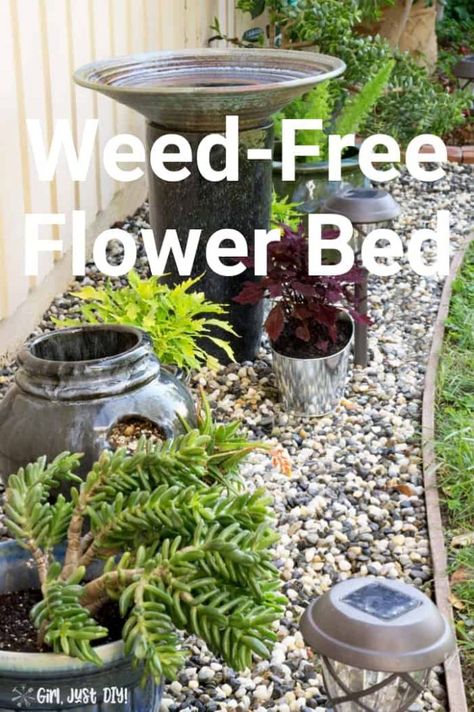 Click to see the simple 8 Steps for creating a low maintenance DIY weed-free flower bed. Great rock flower bed for front of yard and perfect for beginners. #GirlJustDIY #flowerbedideas #rockflowerbeds #diyflowerbed Flower Beds Low Maintenance, Front Yard Flower Beds Against The House Low Maintenance, Rock Flower Beds Ideas, Rock Garden Front Of House, Rock Bed Garden Ideas, Rock Beds In Front Of House, Maintenance Free Flower Bed, Diy Rock Garden Ideas Flower Beds, Rock Filled Flower Beds