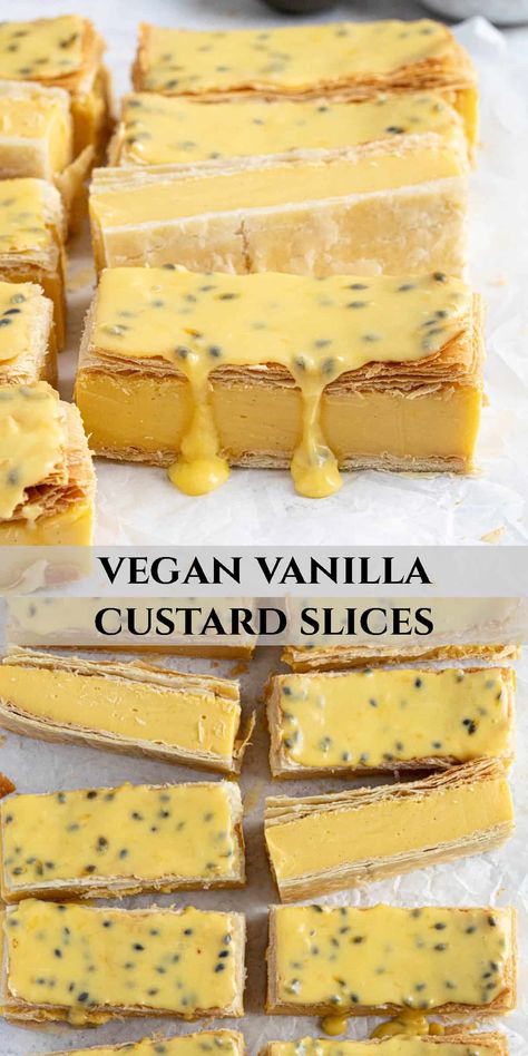 Vegan Custard Slice, Vegan Pastries Recipes, Vegan Mousse Cake, Passion Fruit Custard, Vegan Slice, Custard Slices, Vegan Custard, Fruit Glaze, Vegan Holiday Desserts