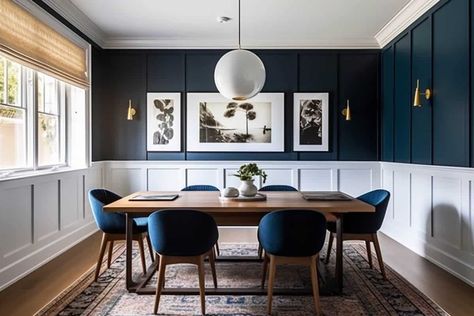 Navy paint for upper wall and lower wainscoting Blue Dining Room With Chair Rail, White Wainscoting Dining Room, Hale Navy Dining Room Walls, Dark Blue Dining Room Ideas, Dining Room Navy Blue, Dark Blue Wainscoting, Wainscoting Paint Ideas, Wainscoting Ideas Dining Room, Navy Wainscoting