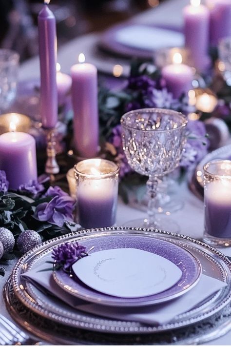 Set a glamorous holiday table with these purple and silver decor ideas. From place settings to centerpieces, create a memorable dining experience for your guests. Some of the links in my articles are affiliate links. If you make a qualified purchase from one of my links I will make a small commission at no cost to you. Thank you for your support!!! Winter Wedding Purple And Silver, Purple And Silver Wedding Ideas, Purple Silver Christmas, Purple And Silver Christmas, Sailor Moon Wedding, Purple And Silver Wedding, Silver Wedding Decorations, Painted Pinecones, Xmas Table