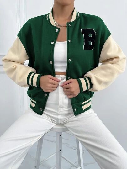 Women's & Men's Clothing, Shop Online Fashion SHEIN Green Varsity Jacket, Varsity Jacket Women, Patchwork Coat, Women Jackets, Casual Vest, Green Jacket, Jacket Sale, Casual Jacket, Outerwear Women