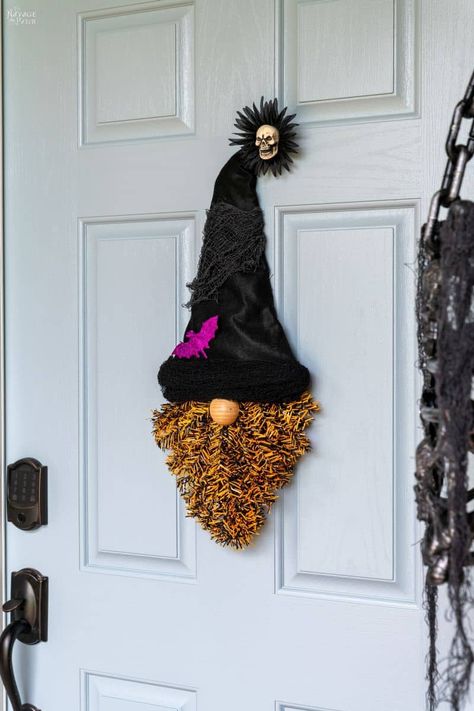 DIY Dollar Tree Halloween Gnome Wreath | How to make a gnome wreath | Dollar Tree craft ideas | Dollar Tree Halloween | Halloween decorations on a budget | Easy Halloween crafts | Quick and easy Halloween decorations | Halloween wreaths front door | Front door wreath DIY | Gnome crafts | Front door wreath ideas | Cute Halloween decorations | Halloween door hanger | #TheNavagePatch | TheNavagePatch.com Mop Gnomes, Gnome Wreaths, Gnomes Tutorial, The Navage Patch, Navage Patch, Gnome Ideas, Gnome Crafts, Gnome Diy, Diy Gnome