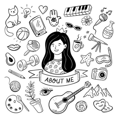 Illustrated person with hobbies and inte... | Premium Vector #Freepik #vector #person #profile #information #identity My Identity Art, Portrait Doodle Illustrations, Self Portrait Doodle, Personality Drawing Ideas, Personal Identity Art, About Me Illustration, Simple Person Drawing, Doodles Person, Hobbies Illustration