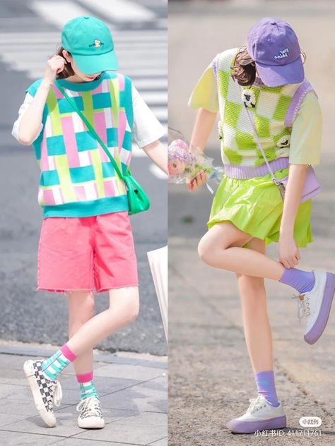 Colorful Sporty Outfits, Artistic Fits, Dopamine Outfits, Colorful Korean Fashion, Colorful Outfits Aesthetic, Peony Aesthetic, Bright Colored Outfits, Fashion Kawaii, Street Outfits