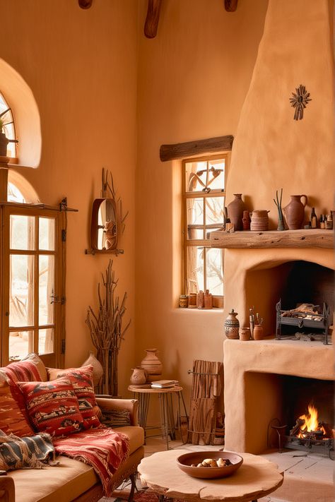 Santa Fe Homes Interiors, Santa Fe Living Room Southwest Style, Arizona Casita, Santa Fe Living Room, Southwest Decor Living Room, Hacienda Living Room, Rustic Mexican Home Decor, Southwestern Living Room Ideas, Santa Fe Style Decor