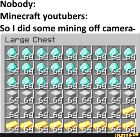 Nobody: Minecraft youtubers: So I did some mining off camera- Large Chest ?O. _6_6_6_6_6_6_6_6 '- - iFunny :) Funny Reddit, Reddit Memes, Minecraft Funny, Minecraft Memes, Funny Photography, Minecraft Youtubers, Roblox Memes, Minecraft Creations, Gaming Memes