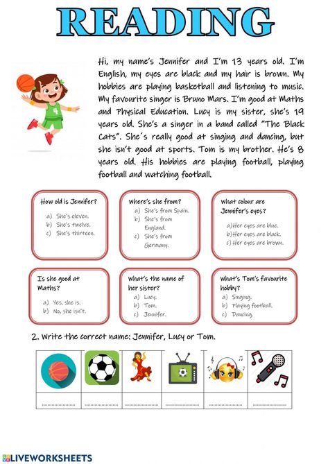 Read interactive worksheet for Quinto de Primaria. You can do the exercises online or download the worksheet as pdf. Grade 5 English Activities, Reading Texts For Beginners, Reading For Kids Worksheets, English Reading For Beginners, Reading Worksheets For Kids, Worksheets For Kids English, Beginner Reading, English Reading Comprehension, Reading For Kids