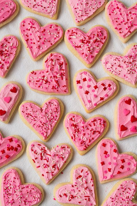 Soft Frosted Sugar Cookies, Sour Cream Sugar Cookies, Valentines Snacks, Valentine Sugar Cookies, Valentines Baking, Shaped Cookies, Valentine Desserts, Heart Shaped Cookies, Cookie Dough Recipes