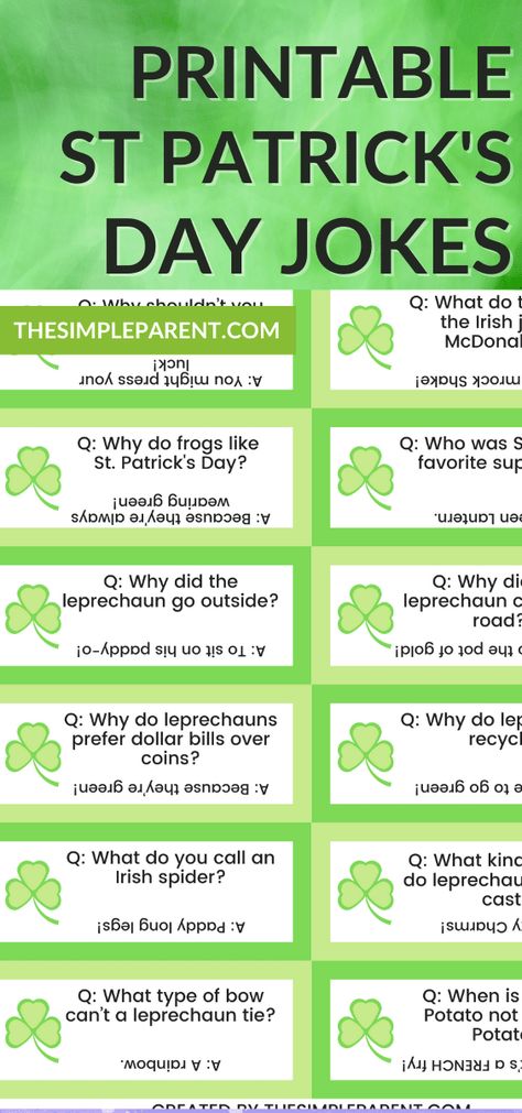 Lucky St. Patricks Day Jokes For Kids • The Simple Parent St Patrick’s Day Jokes Kids, St Patrick’s Day Tricks For Kids, St Patrick’s Day Work Ideas, St Patricks Day Decorations Decor Ideas, St Patrick's Day Jokes, Free Printable Lunch Box Notes, Chalkboard Messages, St Patricks Day Jokes, Kids Jokes And Riddles