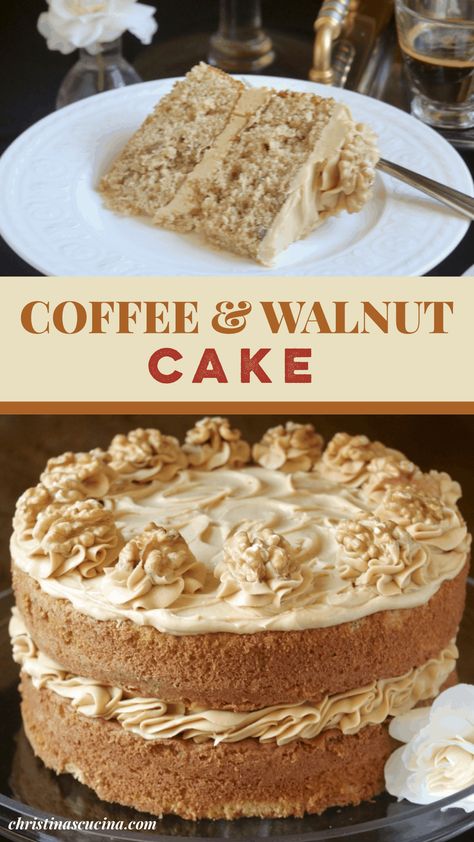 Coffee Walnut Cake, British Cake, Coffee And Walnut Cake, Cheesecake Oreo, Afternoon Tea Cakes, Coffee Buttercream, British Desserts, Cookies Bars, Walnut Cake