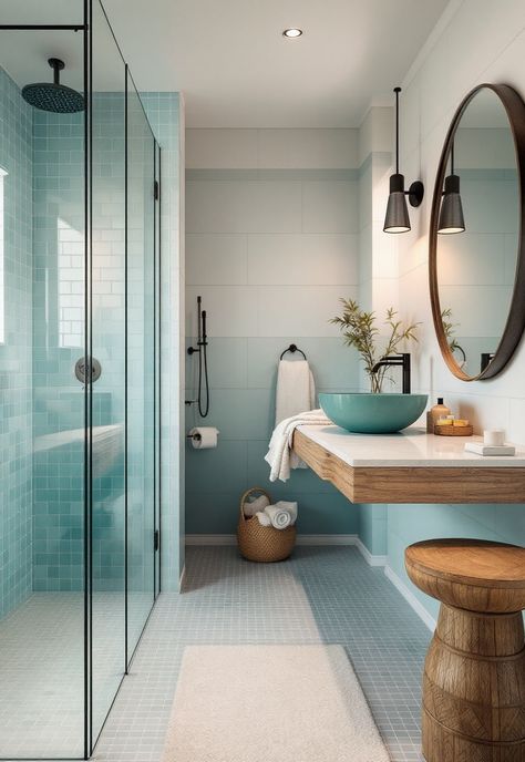 Coastal Modern Bathroom Beach Decor Bathroom Ideas, Aqua Tile Bathroom, Serenity Bathroom, Coastal Blue Bathroom, Modern Beach Bathroom, Coastal Modern Bathroom, Coastal Chic Bathroom, Aqua Bathroom, Aqua Tiles