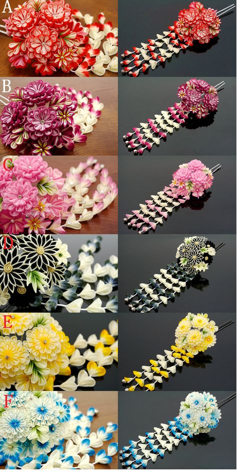 Kanzashi Flowers, Japanese Hairstyle, Cloth Flowers, Ribbon Art, Ribbon Work, Japanese Crafts, Ribbon Crafts, Ribbon Flowers, Hair Ornaments