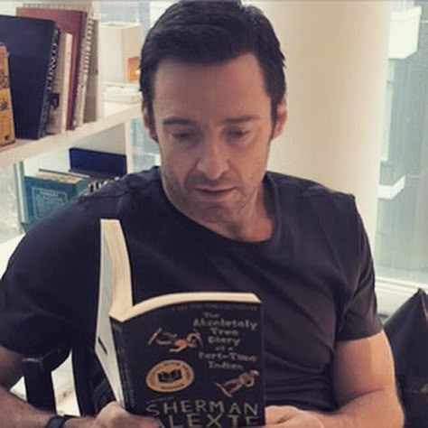 Hugh Jackman shared this photo of himself reading Sherman Alexie's The Absolutely True Diary of a Part-time Indian. Celebrities Reading, Man Reading, Guys Read, The Greatest Showman, Book People, Reading A Book, Popular Books, Reading Books, Hugh Jackman