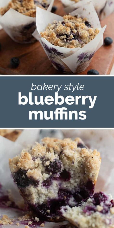 Better than bakery muffins, these Blueberry Muffins are filled with blueberries, then topped with more blueberries and a crumb topping. They are moist and bursting with blueberries! Culinary Hill Blueberry Muffins, First Watch Blueberry Muffins, Freeze Dried Blueberry Muffins, Bakery Blueberry Muffin Recipe, Large Bakery Style Muffins, Blueberry Muffins Bakery Style, Bakery Blueberry Muffins, Blueberry Muffins With Frozen Blueberries, Dried Blueberry Recipes