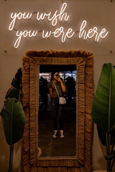 aesthetic mirror selfie converse plants bohemian vintage lights Bar Bathroom Mirror Selfie, Selfie Wall Restaurant, Restaurant Mirror Selfie, Spa Selfie Wall, Airbnb Selfie Wall, Selfie Mirror Decor, Mirror Selfie Decor, Hibachi Decor, Selfie Corner Ideas For Wedding