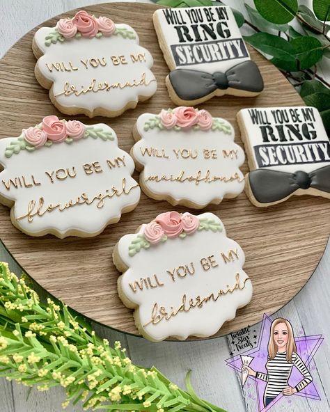 Wedding Party Proposal Cookies, Will You Be My Bridesmaid Cookies, Be My Bridesmaid Cookies, Bridesmaid Proposal Cookies, Bridesmaid Cookies, Proposal Party, Groomsman Proposal, Baking Cakes, Heart Shaped Cookies